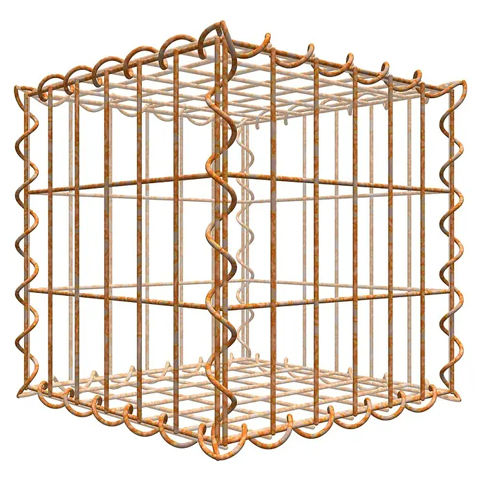 Gabiona Gabione - 30 x 30 x 30 cm, Maschenbreite: 5 cm, Maschenhöhe: 10 cm, Unverzinkt - Rostfarbener, würfelförmiger Drahtkäfig mit spiralförmigen Ecken, ideal für industrielle Dekorationen oder Tierhaltung.