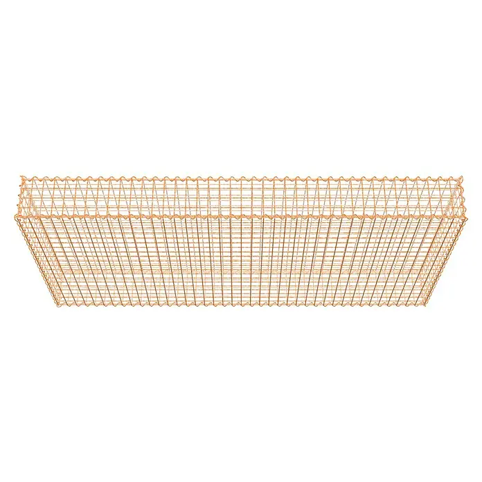 Gabiona Gabione - 200 x 20 x 100 cm, Maschenbreite: 5 cm, Maschenhöhe: 5 cm, Unverzinkt - Draufsicht auf einen rechteckigen, kupferfarbenen Drahtkorb mit gewelltem Rand. Praktisch und dekorativ zur Aufbewahrung.
