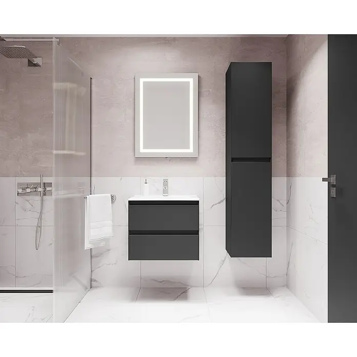 Space Waschtischunterschrank - 60 x 46 x 50 cm, Anthrazit - Elegantes Badezimmer-Interieur mit einem modernen Waschtischunterschrank in Anthrazit, einem passenden Spiegelschrank und einem Hochschrank.