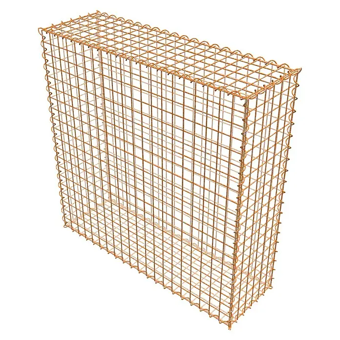 Gabiona Gabione - 100 x 30 x 100 cm, Maschenbreite: 5 cm, Maschenhöhe: 5 cm, Unverzinkt - Ein rechteckiger Gabionenkorb aus rostfarbenem Drahtgeflecht, ideal für Gartenbau und Landschaftsgestaltung. Der Korb bietet Stabilität für Steine.