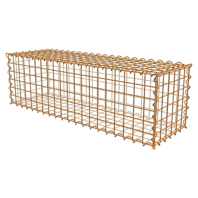 Gabiona Gabione - 100 x 30 x 30 cm, Maschenbreite: 5 cm, Maschenhöhe: 5 cm, Unverzinkt - Rechteckiger Gabionenkorb aus rostfarbenem Drahtgitter. Die Drahtenden sind wellenförmig gebogen.