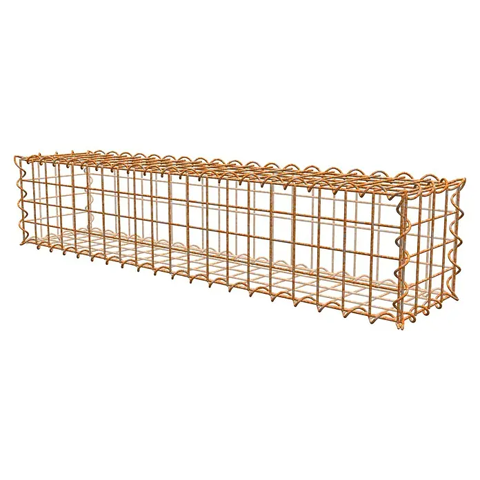 Gabiona Gabione - 100 x 20 x 20 cm, Maschenbreite: 5 cm, Maschenhöhe: 5 cm, Unverzinkt - Draufsicht eines rostigen Gabionenkorbs. Er ist rechteckig und aus Metalldraht gefertigt. Ideal für Garten- und Landschaftsbau.