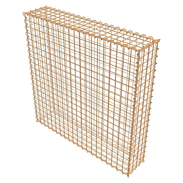 Gabiona Gabione - 100 x 20 x 100 cm, Maschenbreite: 5 cm, Maschenhöhe: 5 cm, Unverzinkt - Nahaufnahme eines Gabionen-Steinkorbs aus rostfarbenem Drahtgeflecht. Ideal für Gartenmauern, Hänge oder dekorative Elemente im Außenbereich.