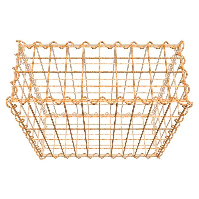 Gabiona Gabione - 50 x 20 x 50 cm, Maschenbreite: 5 cm, Maschenhöhe: 10 cm, Unverzinkt - Ansicht eines rostfarbenen Drahtkorbs mit dekorativen Verzierungen und einer Gitterstruktur, ideal für stilvolle Aufbewahrungslösungen.