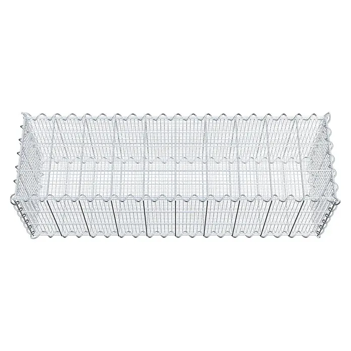 Gabiona Gabione - 100 x 30 x 30 cm, Maschenbreite: 10 cm, Maschenhöhe: 10 cm, Splittgabione - Nahaufnahme eines leeren Gabionenkorbs aus Drahtgeflecht, der für Gartenbau- und Landschaftsgestaltungszwecke verwendet wird.