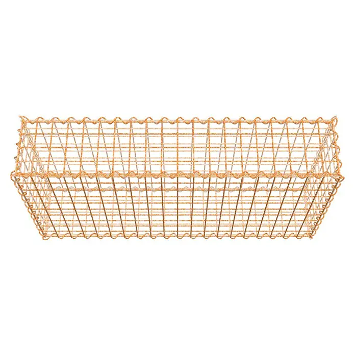 Gabiona Gabione - 100 x 20 x 50 cm, Maschenbreite: 5 cm, Maschenhöhe: 5 cm, Unverzinkt - Draufsicht auf einen rechteckigen Drahtkorb mit gewelltem Rand und rostartiger Farbgebung. Perfekt für Organisation und Aufbewahrung.