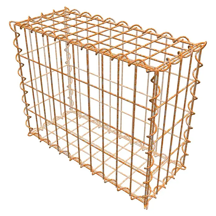 Gabiona Gabione - 50 x 20 x 40 cm, Maschenbreite: 5 cm, Maschenhöhe: 10 cm, Unverzinkt - Ein rostiger Gabionenkorb mit Drahtstruktur, leer und bereit zur Befüllung, ideal für Garten- und Landschaftsbauprojekte.