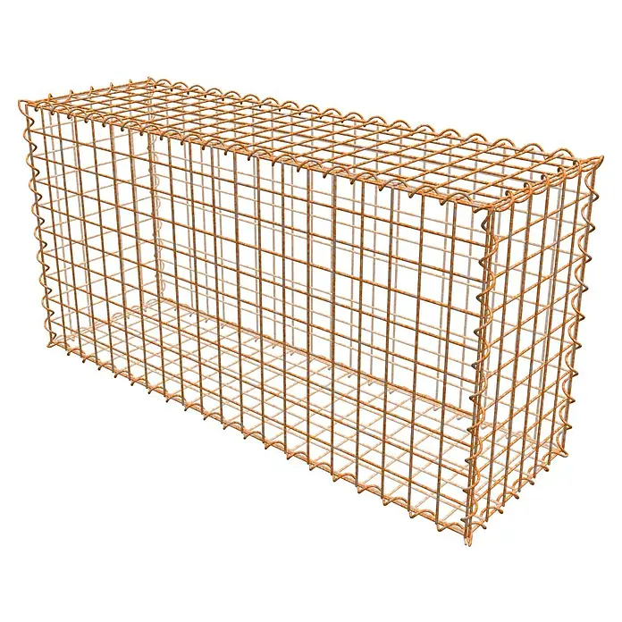 Gabiona Gabione - 100 x 30 x 50 cm, Maschenbreite: 5 cm, Maschenhöhe: 5 cm, Unverzinkt - Draufsicht auf einen rechteckigen Gabionenkorb aus rostfarbenem Drahtgitter, ideal für den Garten- und Landschaftsbau.