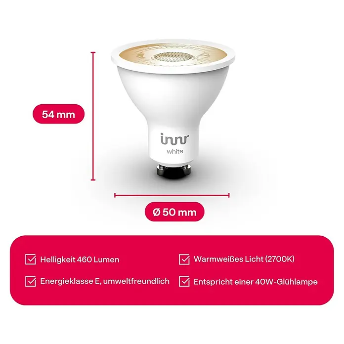 Innr Lighting Smart-LED-Lampen Set Spot White - GU10, Dimmbar, Warmweiß, 460 lm, 4,9 W, 2 Stk. - Produktbild einer INNR White LED Lampe. Die smarte Lampe hat 460 Lumen, warmweißes Licht (2700K) und entspricht einer 40W-Glühlampe.
