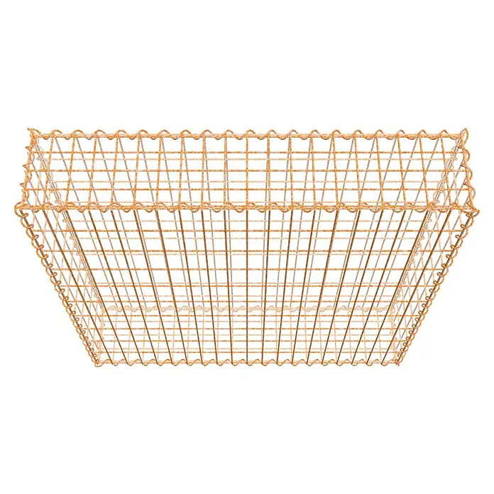 Gabiona Gabione - 100 x 20 x 100 cm, Maschenbreite: 5 cm, Maschenhöhe: 10 cm, Unverzinkt - Ein Drahtkorb mit einer quadratischen Form, hergestellt aus dünnem, rostfarbenem Draht. Der Korb hat oben und unten wellenförmige Drahtabschlüsse.