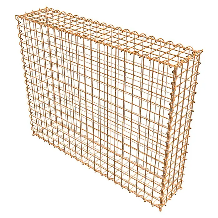 Gabiona Gabione - 100 x 20 x 80 cm, Maschenbreite: 5 cm, Maschenhöhe: 5 cm, Unverzinkt - Ein rechteckiger Gabionenkorb aus rostfarbenem Drahtgeflecht. Ideal für dekorative und funktionale Anwendungen im Garten- und Landschaftsbau.