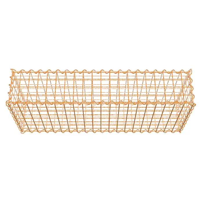 Gabiona Gabione - 100 x 20 x 40 cm, Maschenbreite: 5 cm, Maschenhöhe: 5 cm, Unverzinkt - Nahaufnahme eines rechteckigen Drahtkorbs mit rustikaler orangefarbener Oberfläche, der vielseitige Aufbewahrungsmöglichkeiten bietet.