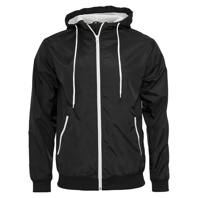 Urban Classics Windjacke - Schwarz, XXL, Polyester - Schwarze Kapuzenjacke mit weißem Reißverschluss und Kordelzug. Perfekt für windige Tage und sportliche Aktivitäten im Freien.