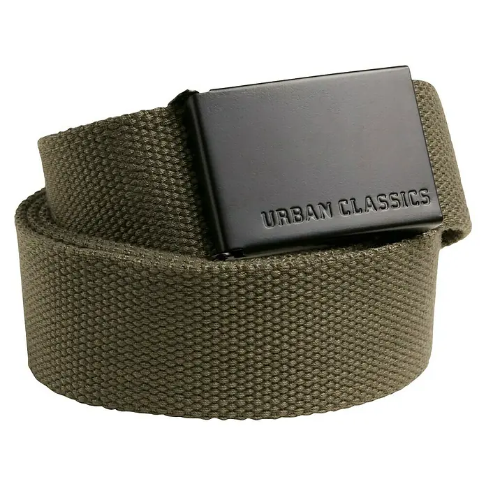Urban Classics Gürtel - Länge: 120 cm, Olivegrün - Ein olivgrüner URBAN CLASSICS Gürtel aus gewebtem Stoff mit einer quadratischen, schwarzen Schnalle mit eingeprägtem Logo.