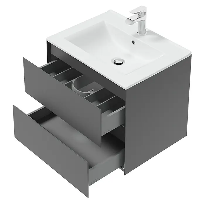 Space Waschtischunterschrank - 60 x 46 x 50 cm, Anthrazit - Grauer Badezimmerschrank mit zwei Schubladen und einem weißen Waschbecken mit Armatur. Praktische Badmöbel zur Aufbewahrung.