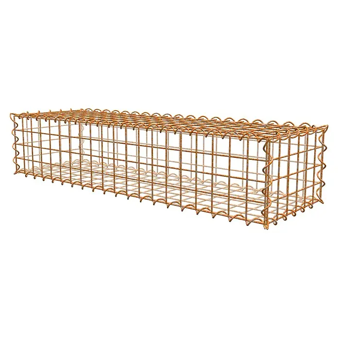 Gabiona Gabione - 100 x 30 x 20 cm, Maschenbreite: 5 cm, Maschenhöhe: 5 cm, Unverzinkt - Ein rechteckiger Gabionenkorb aus rostfarbenem Drahtgitter, ideal zur Gestaltung von Gärten und zur Hangbefestigung. Die Gabione ist leer und unbefüllt.