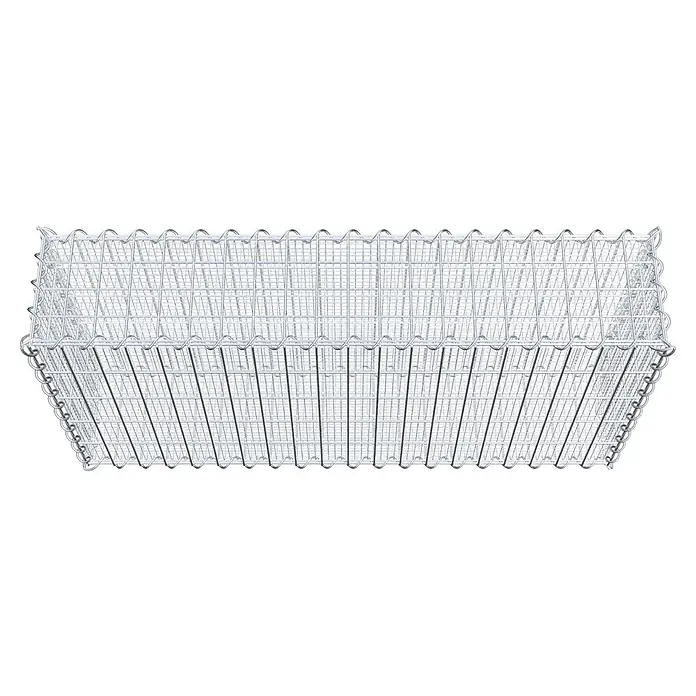 Gabiona Gabione - 100 x 20 x 50 cm, Maschenbreite: 5 cm, Maschenhöhe: 10 cm, Splittgabione - Ein Detailansicht eines Gabionenkorbs, der die Drahtgitterstruktur hervorhebt. Ideal für Gartenbau und Landschaftsgestaltung.