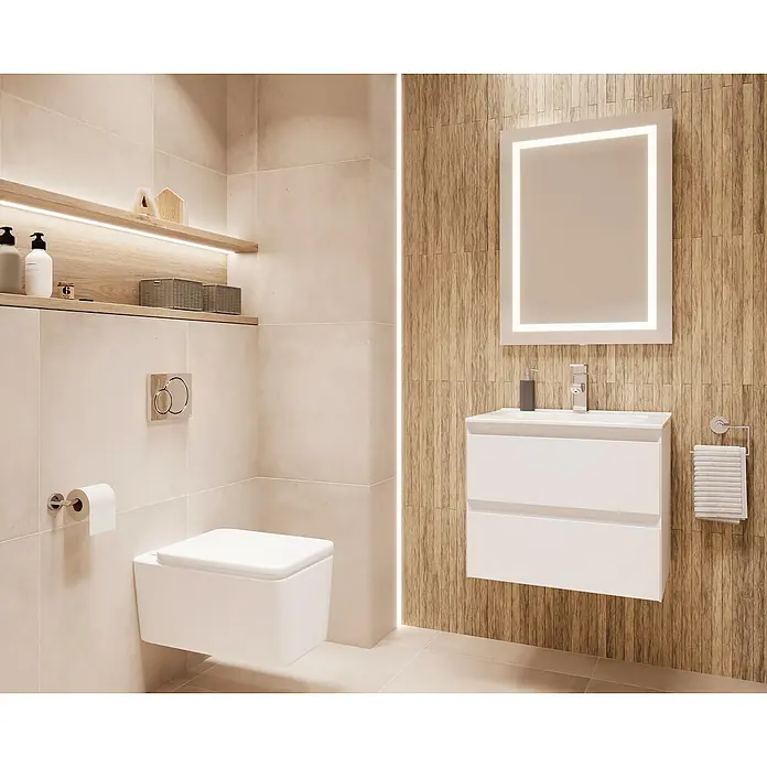 Space Lichtspiegel - 60 x 80 cm, Weiß - Ein modernes Badezimmer mit einem schwebenden WC, einem Waschtisch mit Spiegel und praktischen Ablageflächen. Stilvolles Design für Komfort und Ästhetik.
