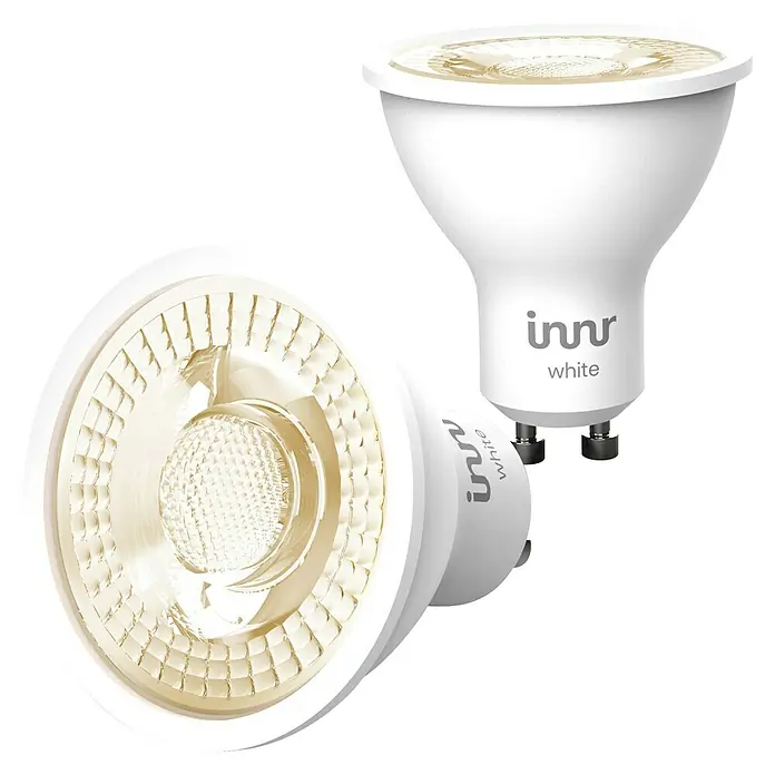 Innr Lighting Smart-LED-Lampen Set Spot White - GU10, Dimmbar, Warmweiß, 460 lm, 4,9 W, 2 Stk. - Nahaufnahme von zwei weißen Innr Smart Glühbirnen, die fortschrittliche Beleuchtung für Ihr Zuhause bieten.