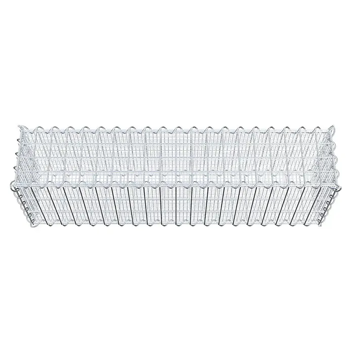 Gabiona Gabione - 100 x 20 x 30 cm, Maschenbreite: 5 cm, Maschenhöhe: 10 cm, Splittgabione - Nahaufnahme eines Gabionenkorbs aus verzinktem Draht, leer und bereit zur Befüllung mit Steinen oder anderen Materialien.