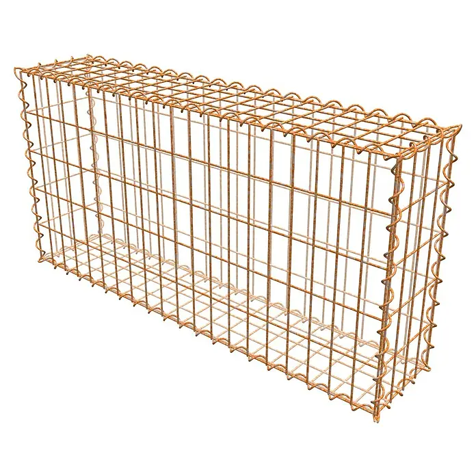 Gabiona Gabione - 100 x 20 x 50 cm, Maschenbreite: 5 cm, Maschenhöhe: 10 cm, Unverzinkt - Ein rechteckiger Gabionenkorb aus rostfarbenem Drahtgeflecht für den Garten- und Landschaftsbau. Ideal für Steingärten und Stützmauern.