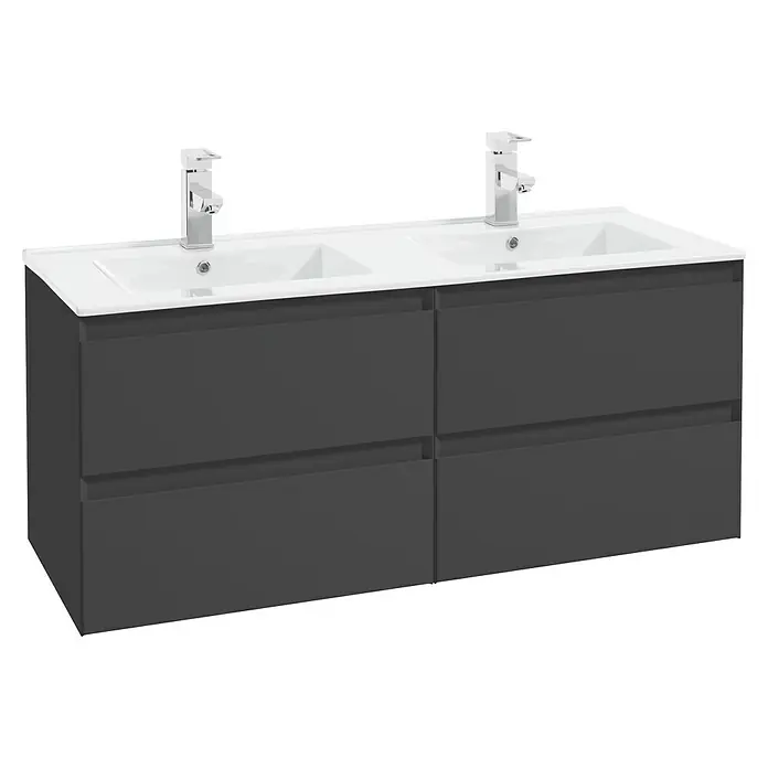 Space Waschtischunterschrank - 60 x 46 x 50 cm, Anthrazit - Das Bild zeigt einen modernen Doppelwaschtisch mit vier Schubladen in Anthrazit und weißen Waschbecken. Elegantes Design für ein stilvolles Badezimmer.