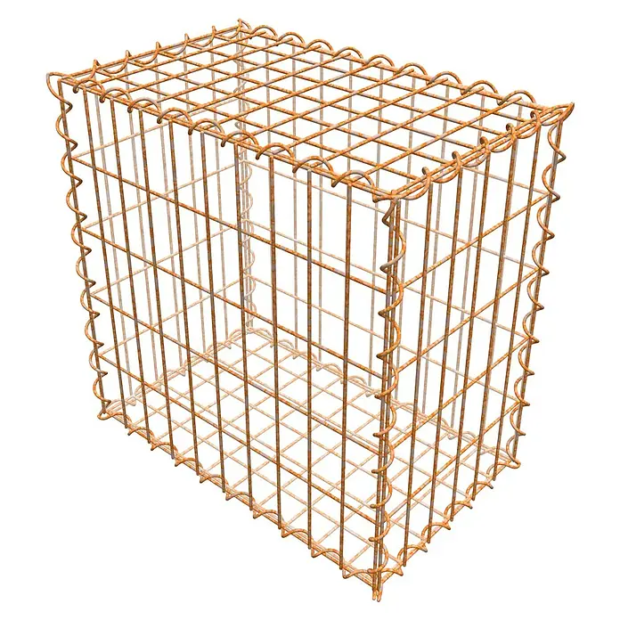 Gabiona Gabione - 50 x 30 x 50 cm, Maschenbreite: 5 cm, Maschenhöhe: 10 cm, Unverzinkt - Abbildung eines Gabionenkäfigs aus rostfarbenem Drahtgitter mit gewellten Kanten, verwendet für Landschaftsgestaltung und Stützmauern.