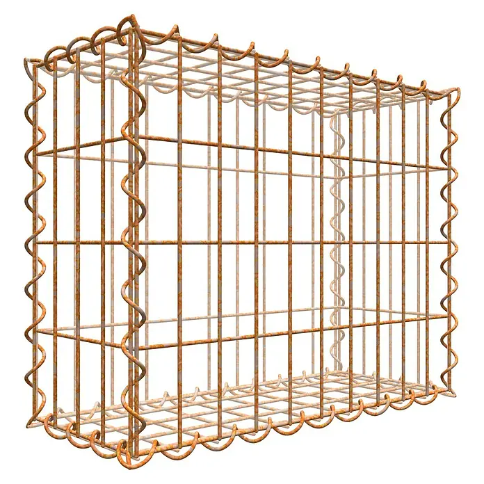 Gabiona Gabione - 50 x 20 x 40 cm, Maschenbreite: 5 cm, Maschenhöhe: 10 cm, Unverzinkt - Darstellung eines Gabionenkorbs aus rostigem Metalldraht, der eine robuste und dekorative Struktur für den Garten- oder Landschaftsbau bietet.