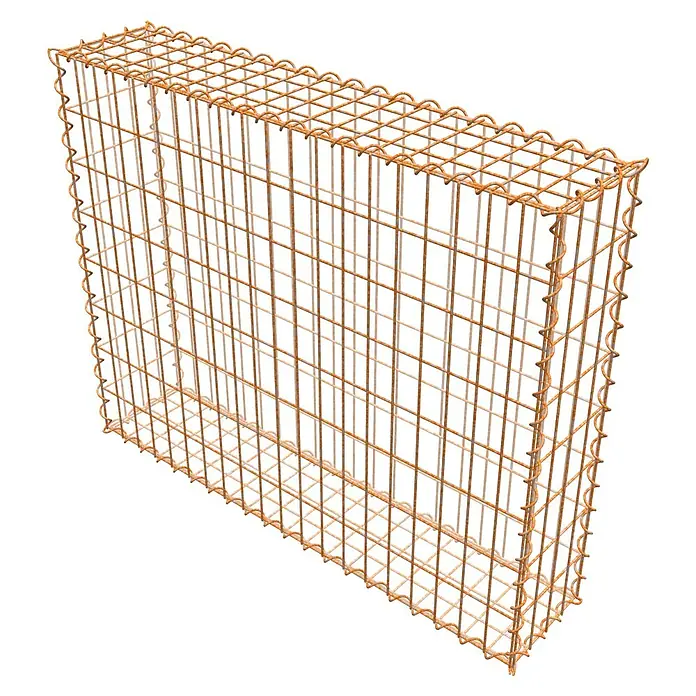 Gabiona Gabione - 100 x 20 x 80 cm, Maschenbreite: 5 cm, Maschenhöhe: 10 cm, Unverzinkt - Das Bild zeigt einen leeren Gabionenkorb aus rostfarbenem Drahtgeflecht, der für Steinfüllungen im Garten- und Landschaftsbau verwendet wird.