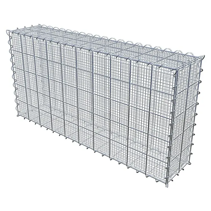 Gabiona Gabione - 100 x 20 x 50 cm, Maschenbreite: 10 cm, Maschenhöhe: 10 cm, Splittgabione - Nahaufnahme eines Gabionenkorbs aus Drahtgeflecht, der Stabilität und Haltbarkeit für Landschaftsgestaltung und Bau bietet.