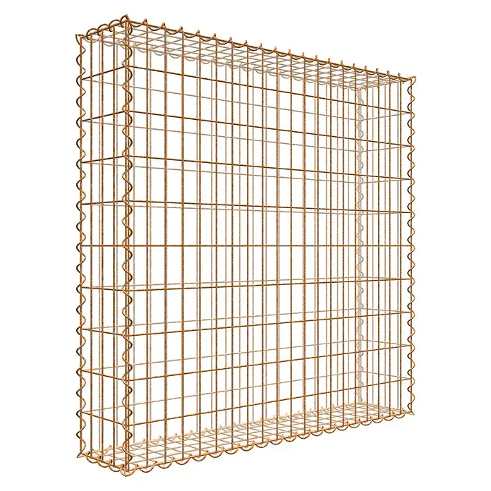 Gabiona Gabione - 100 x 20 x 100 cm, Maschenbreite: 5 cm, Maschenhöhe: 10 cm, Unverzinkt - Ansicht eines Gabionenkäfigs aus rostfarbenem Metalldraht, der zur Befüllung mit Steinen oder Erde für Stützmauern oder Gartengestaltung dient.