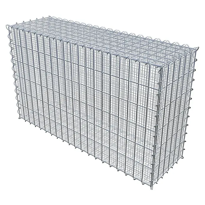 Gabiona Gabione - 100 x 30 x 60 cm, Maschenbreite: 5 cm, Maschenhöhe: 10 cm, Splittgabione - Abbildung eines rechteckigen Gabionen-Steinkorbs aus verzinktem Drahtgeflecht. Der Steinkorb ist leer und bereit zur Befüllung mit Steinen.