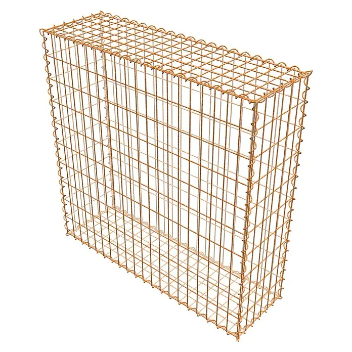 Gabiona Gabione - 100 x 30 x 100 cm, Maschenbreite: 5 cm, Maschenhöhe: 10 cm, Unverzinkt - Nahaufnahme einer leeren Gabione aus rostfarbenem Drahtgeflecht, ideal zur Gestaltung von Gärten und Außenbereichen. Stabil und vielseitig.