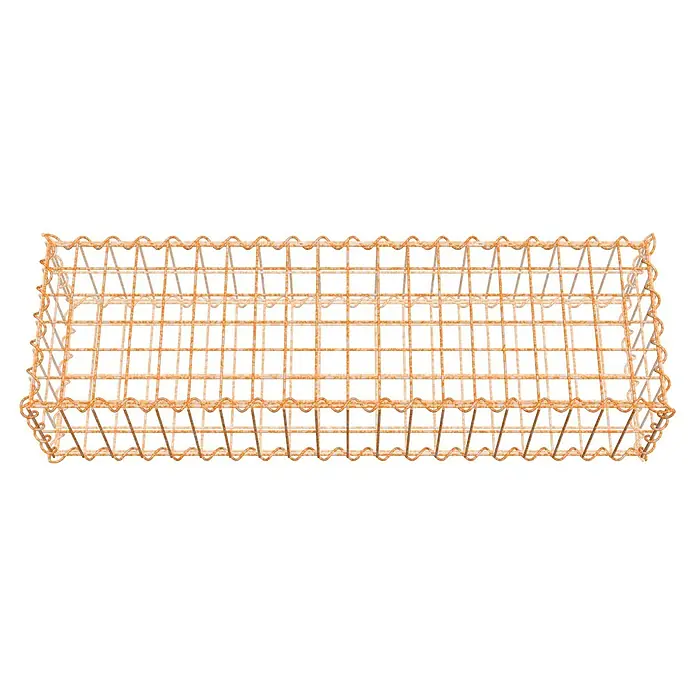 Gabiona Gabione - 100 x 30 x 20 cm, Maschenbreite: 5 cm, Maschenhöhe: 10 cm, Unverzinkt - Draufsicht auf einen länglichen, rechteckigen Gitterkorb aus orangefarbenem Metalldraht. Robust und geräumig.