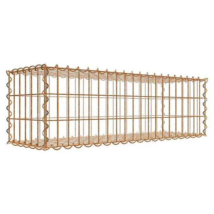 Gabiona Gabione - 100 x 30 x 30 cm, Maschenbreite: 5 cm, Maschenhöhe: 10 cm, Unverzinkt - Ein rechteckiger Gabionenkorb aus rostfarbenem Drahtgeflecht, der Stabilität und eine rustikale Ästhetik für den Außenbereich bietet.