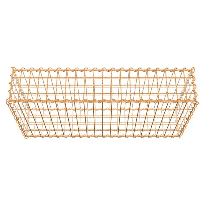 Gabiona Gabione - 100 x 20 x 50 cm, Maschenbreite: 5 cm, Maschenhöhe: 10 cm, Unverzinkt - Ein rechteckiger, goldfarbener Drahtkorb mit gewellten Kanten und einer offenen Gitterstruktur für Lagerung und Organisation.