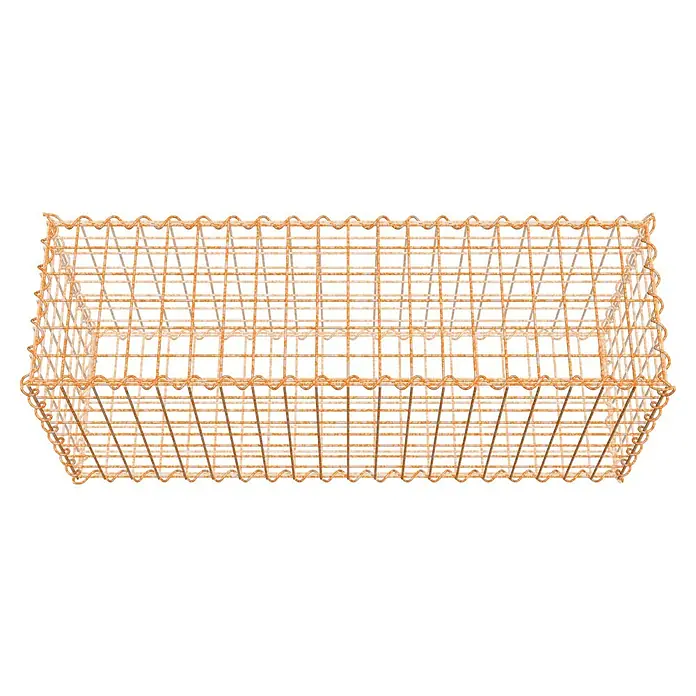 Gabiona Gabione - 100 x 30 x 40 cm, Maschenbreite: 5 cm, Maschenhöhe: 5 cm, Unverzinkt - Ein rechteckiger, rostfarbener Drahtkorb mit dekorativen gewellten Rändern, ideal für Präsentationen und Aufbewahrung.
