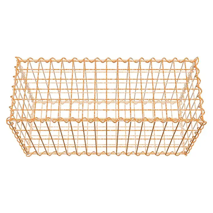 Gabiona Gabione - 80 x 30 x 40 cm, Maschenbreite: 5 cm, Maschenhöhe: 10 cm, Unverzinkt - Draufsicht auf einen rechteckigen, orangefarbenen Drahtkorb. Ideal für die Aufbewahrung und Organisation von Gegenständen im Haushalt.