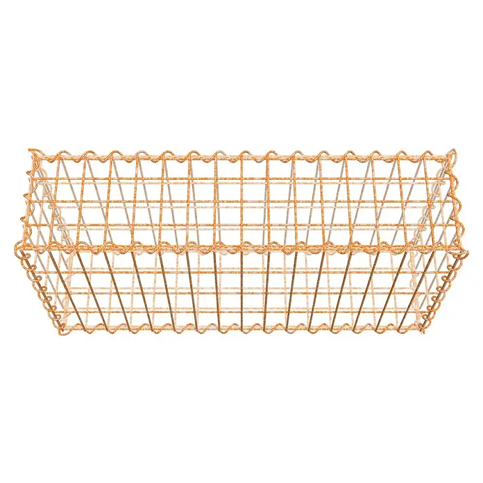 Gabiona Gabione - 80 x 20 x 40 cm, Maschenbreite: 5 cm, Maschenhöhe: 10 cm, Unverzinkt - Ansicht eines rechteckigen Drahtkorbs mit gewellten Kanten und einer sich verjüngenden Form, ideal zur Aufbewahrung oder Dekoration.