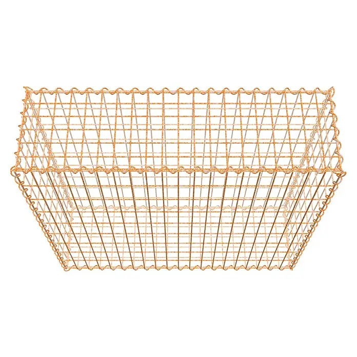 Gabiona Gabione - 100 x 30 x 90 cm, Maschenbreite: 5 cm, Maschenhöhe: 10 cm, Unverzinkt - Draufsicht auf einen dekorativen, rechteckigen Drahtkorb in Rostoptik, ideal für stilvolle Aufbewahrungslösungen im Haus.
