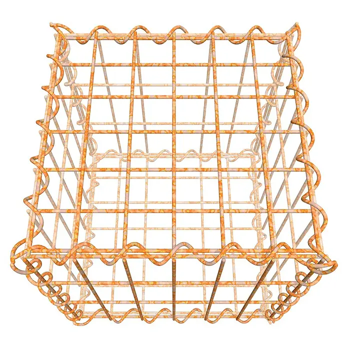 Gabiona Gabione - 30 x 30 x 30 cm, Maschenbreite: 5 cm, Maschenhöhe: 10 cm, Unverzinkt - Draufsicht auf einen quadratischen, dekorativen Drahtkorb mit gewellten Kanten. Der Korb ist orangefarben und hat ein leichtes Rostmuster.