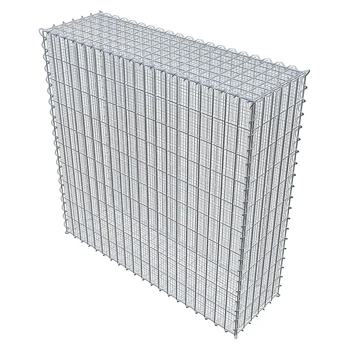 Gabiona Gabione - 100 x 30 x 100 cm, Maschenbreite: 5 cm, Maschenhöhe: 10 cm, Splittgabione - Ein detailliertes Bild eines Gabionenkörpers aus verzinktem Drahtgeflecht, der Stabilität und Haltbarkeit für verschiedene Bauprojekte bietet.