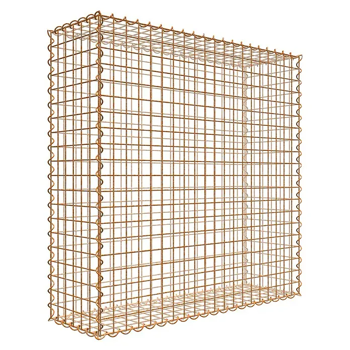 Gabiona Gabione - 100 x 30 x 100 cm, Maschenbreite: 5 cm, Maschenhöhe: 5 cm, Unverzinkt - Nahaufnahme eines Gabionenkorbs aus rostfarbenem Drahtgeflecht, der Stabilität und Struktur für Bauprojekte bietet.