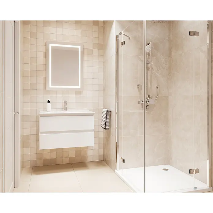 Space Einbauwaschbecken - 80 x 46 cm, Weiß - Modernes Badezimmer mit begehbarer Dusche, Waschbeckenunterschrank und beleuchtetem Spiegel.