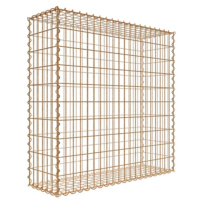 Gabiona Gabione - 100 x 30 x 100 cm, Maschenbreite: 5 cm, Maschenhöhe: 10 cm, Unverzinkt - Das Bild zeigt einen Gabionenkorb aus rostfarbenem Drahtgeflecht, der leer und bereit zur Befüllung ist. Er ist robust und für den Außeneinsatz geeignet.
