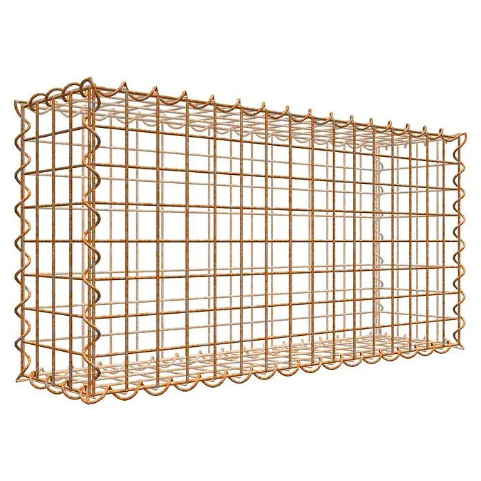Gabiona Gabione - 80 x 20 x 40 cm, Maschenbreite: 5 cm, Maschenhöhe: 5 cm, Unverzinkt - Das Bild zeigt einen Gabionenkorb aus rostigem Draht. Der Korb hat eine rechteckige Form und eine offene Struktur. Er ist leer und bereit zur Befüllung mit Steinen.