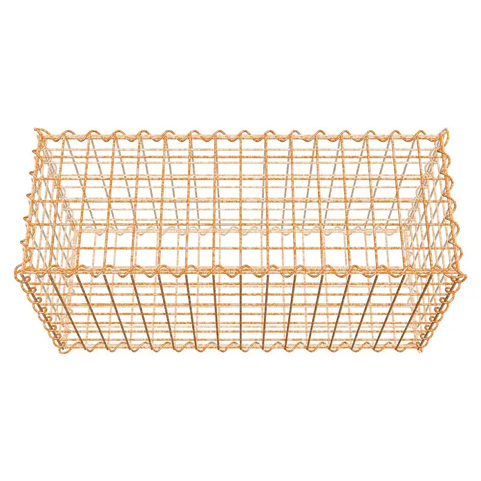 Gabiona Gabione - 80 x 30 x 40 cm, Maschenbreite: 5 cm, Maschenhöhe: 5 cm, Unverzinkt - Draufsicht auf einen rechteckigen Drahtkorb mit gewelltem Rand und rustikaler Textur, ideal für die Präsentation und Aufbewahrung verschiedener Produkte.