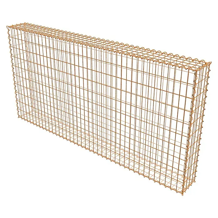 Gabiona Gabione - 200 x 20 x 100 cm, Maschenbreite: 5 cm, Maschenhöhe: 10 cm, Unverzinkt - Bild eines Gabionenkorbs aus Drahtgeflecht. Der Drahtkorb ist leer und rechteckig, ideal für Garten- und Landschaftsbau.
