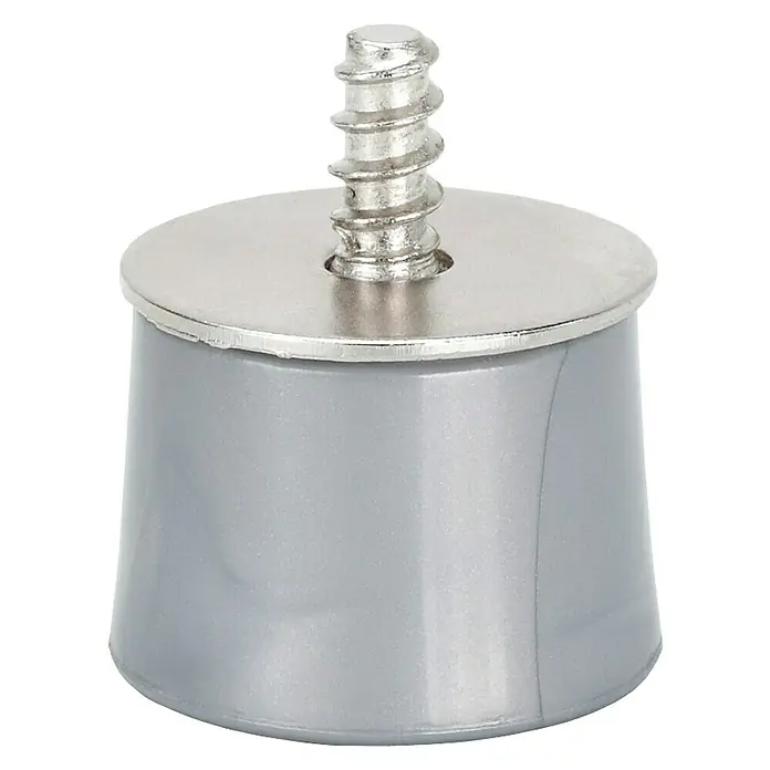 Dolle Stellfuß Boon - Ø x H: 28 x 20 mm, Silber, 4 -tlg. - Nahaufnahme einer WC-Sitzschraube, silberfarben mit einem grauen Kunststoffsockel, isoliert auf einem schwarzen Hintergrund.
