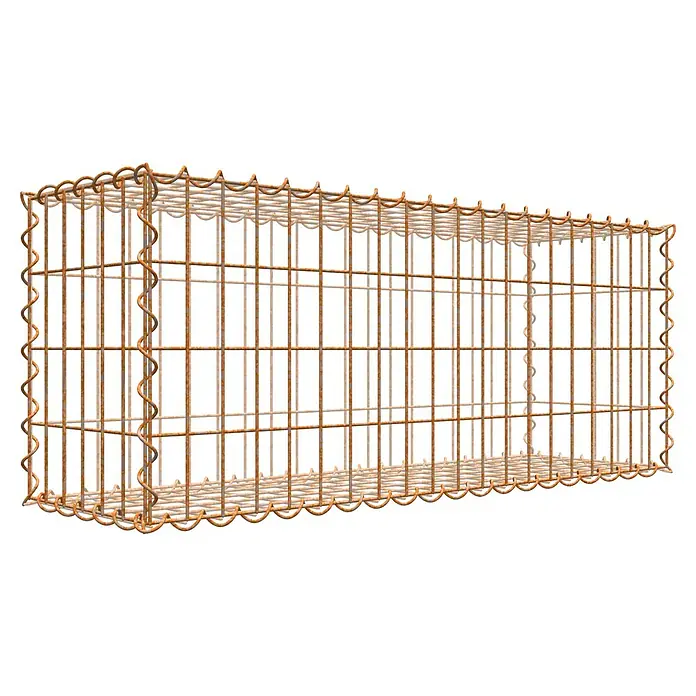 Gabiona Gabione - 100 x 30 x 40 cm, Maschenbreite: 5 cm, Maschenhöhe: 10 cm, Unverzinkt - Draufsicht auf einen leeren, rostfarbenen Gabionenkorb mit gewellten Kanten. Perfekt für Landschaftsbau und Gartengestaltung.
